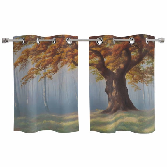 2 Panels Kitchen Tier Curtains 39 Inch Length, Oil Painting Tree Grommets Window Treatment Curtain, Modern Abstract Tree Landscape Vintage Thermal Curtains Drapes for Living Room/Bathroom