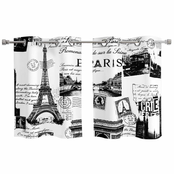 2 Panels Kitchen Tier Curtains 39 Inch Length, Paris Tower Grommets Window Treatment Curtain, Vintage Architectural Hand-Painted Aesthetic Thermal Curtains Drapes for Living Room/Bathroom