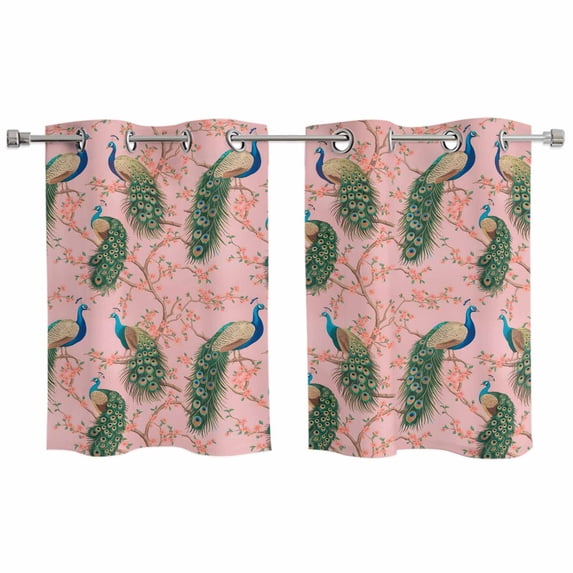 2 Panels Kitchen Tier Curtains 39 Inch Length, Peacock Feather Grommets Window Treatment Curtain, Pink Vintage Botanical Branch Animals Thermal Curtains Drapes for Living Room/Bathroom