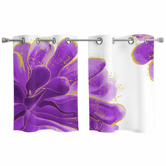 2 Panels Kitchen Tier Curtains 39 Inch Length, Purple Gold Grommets Window Treatment Curtain, Abstract Flower Ombre Aesthetics Paint Thermal Curtains Drapes for Living Room/Bathroom
