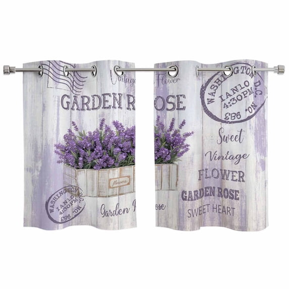 2 Panels Kitchen Tier Curtains 39 Inch Length, Purple Vintage Lavenders Grommets Window Treatment Curtain, Farmhouse Wooden Retro Art Thermal Curtains Drapes for Living Room/Bathroom