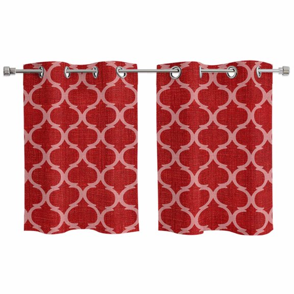2 Panels Kitchen Tier Curtains 39 Inch Length, Red Moroccan Grommets Window Treatment Curtain, Morocco Ethnic Abstract Quatrefoil Grid Thermal Curtains Drapes for Living Room/Bathroom