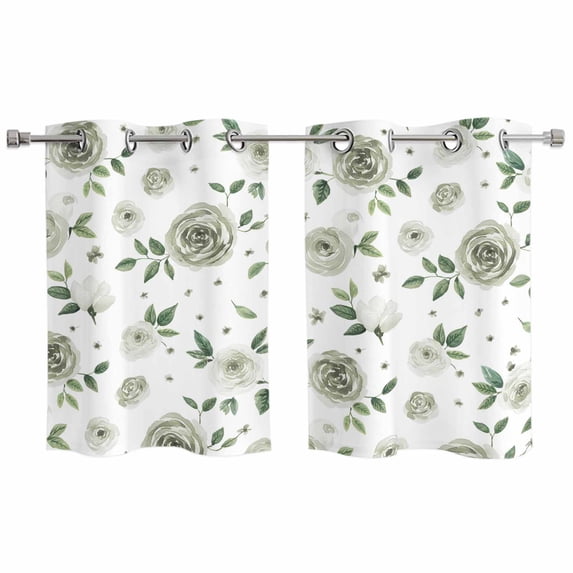2 Panels Kitchen Tier Curtains 39 Inch Length, Sage Green Flowers Grommets Window Treatment Curtain, Country Botanical Floral Leaves Art Thermal Curtains Drapes for Living Room/Bathroom