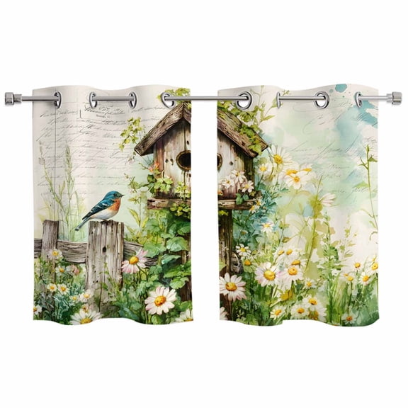 2 Panels Kitchen Tier Curtains 39 Inch Length, Spring Floral Grommets Window Treatment Curtain, Birds Cabin Daisy Watercolor Botanical Thermal Curtains Drapes for Living Room/Bathroom