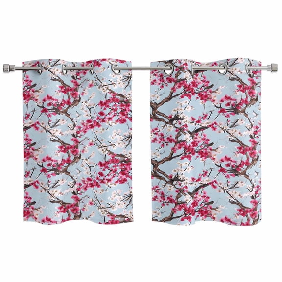 2 Panels Kitchen Tier Curtains 39 Inch Length, Spring Flowers Grommets Window Treatment Curtain, Chinese Pink Peach Blossoms Branches Thermal Curtains Drapes for Living Room/Bathroom