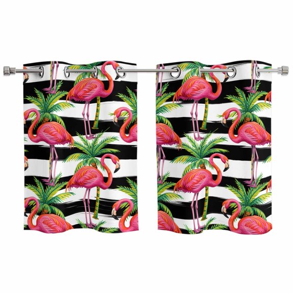 2 Panels Kitchen Tier Curtains 39 Inch Length, Striped Flamingo Grommets Window Treatment Curtain, Pink Birds Green Palm Leaf Black White Thermal Curtains Drapes for Living Room/Bathroom