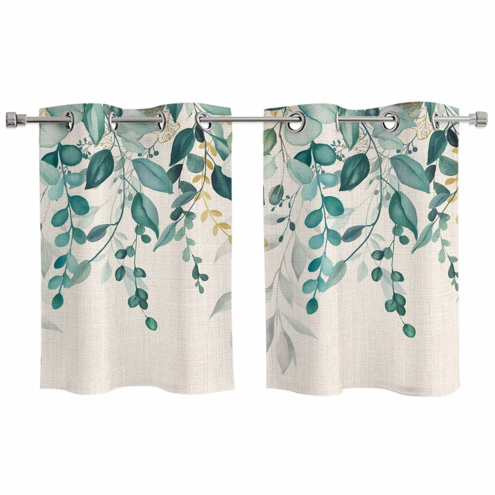 2 Panels Kitchen Tier Curtains 39 Inch Length, Teal Green Eucalyptus Grommets Window Treatment Curtain, Farmhouse Weeping Leaves Linen Thermal Curtains Drapes for Living Room/Bathroom