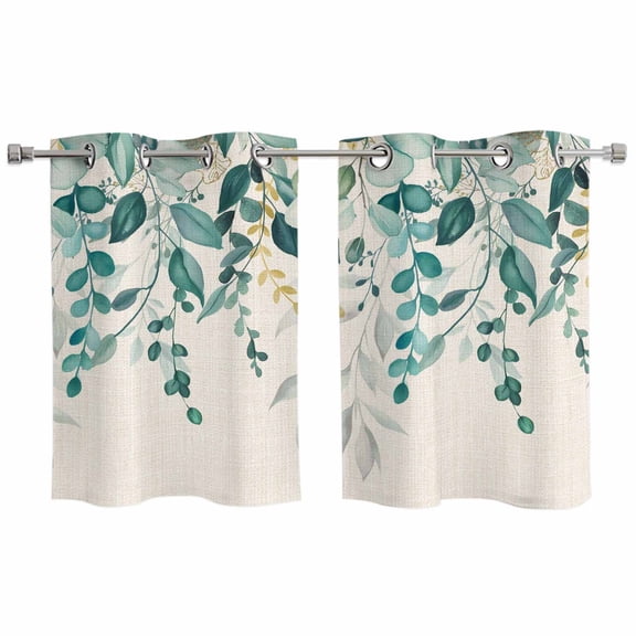2 Panels Kitchen Tier Curtains 39 Inch Length, Teal Green Eucalyptus Grommets Window Treatment Curtain, Farmhouse Weeping Leaves Linen Thermal Curtains Drapes for Living Room/Bathroom
