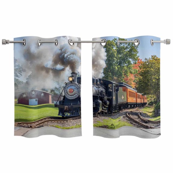 2 Panels Kitchen Tier Curtains 39 Inch Length, Train Railway Grommets Window Treatment Curtain, Countryside Cabin Trees Farmhouse Rustic Thermal Curtains Drapes for Living Room/Bathroom