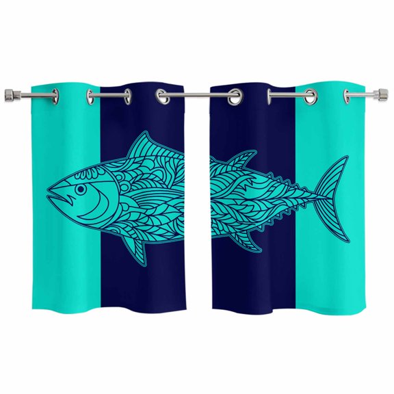 2 Panels Kitchen Tier Curtains 39 Inch Length, Tropical Fish Grommets Window Treatment Curtain, Mandalas Boho Modern Green Abstract Stripe Thermal Curtains Drapes for Living Room/Bathroom