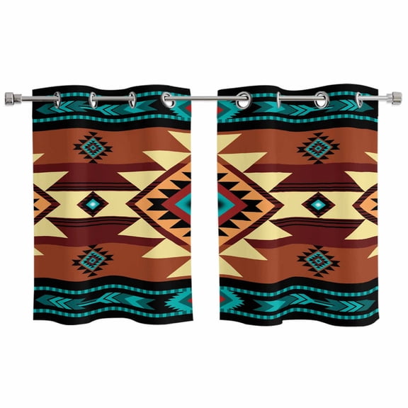 2 Panels Kitchen Tier Curtains 39 Inch Length, Turquoise Red Grommets Window Treatment Curtain, Southwest American Native Abstract Pattern Thermal Curtains Drapes for Living Room/Bathroom