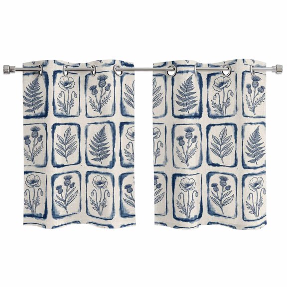 2 Panels Kitchen Tier Curtains 39 Inch Length, Vintage Floral Grommets Window Treatment Curtain, Country Tie-dye Flowers Plants Blue Beige Thermal Curtains Drapes for Living Room/Bathroom