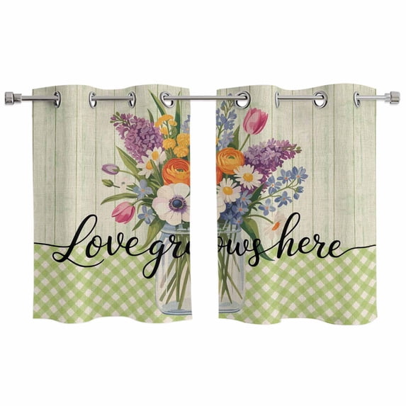 2 Panels Kitchen Tier Curtains 39 Inch Length, Watercolor Flowers Grommets Window Treatment Curtain, Spring Floral Sage Green Stripes Check Thermal Curtains Drapes for Living Room/Bathroom