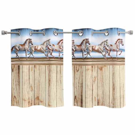 2 Panels Kitchen Tier Curtains 39 Inch Length, Western Horse Grommets Window Treatment Curtain, Farmhouse Wooden Grain Vintage Cowboy Barn Door Thermal Curtains Drapes for Living Room/Bathroom
