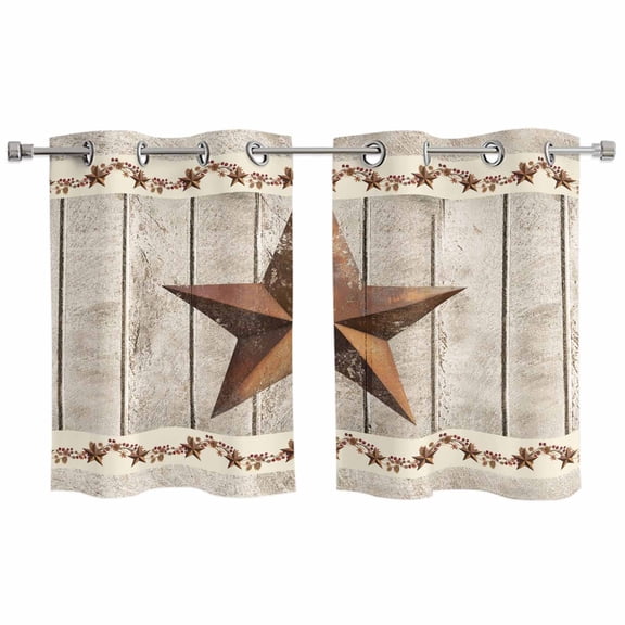2 Panels Kitchen Tier Curtains 39 Inch Length, Western Texas Star Retro Grommets Window Treatment Curtain, Country Farmhouse Gray Wood Grain Thermal Curtains Drapes for Living Room/Bathroom