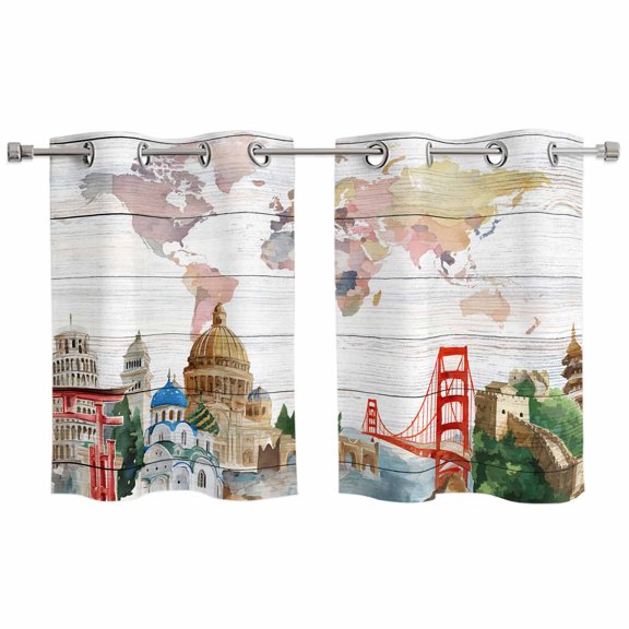 2 Panels Kitchen Tier Curtains 39 Inch Length, World Map Grommets Window Treatment Curtain, Country Famous Building Tourism Bridge Wooden Thermal Curtains Drapes for Living Room/Bathroom