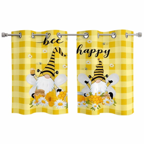 2 Panels Kitchen Tier Curtains 39 Inch Length, Yellow Bees Gnomes Grommets Window Treatment Curtain, Spring Floral Plaid Farmhouse Thermal Curtains Drapes for Living Room/Bathroom