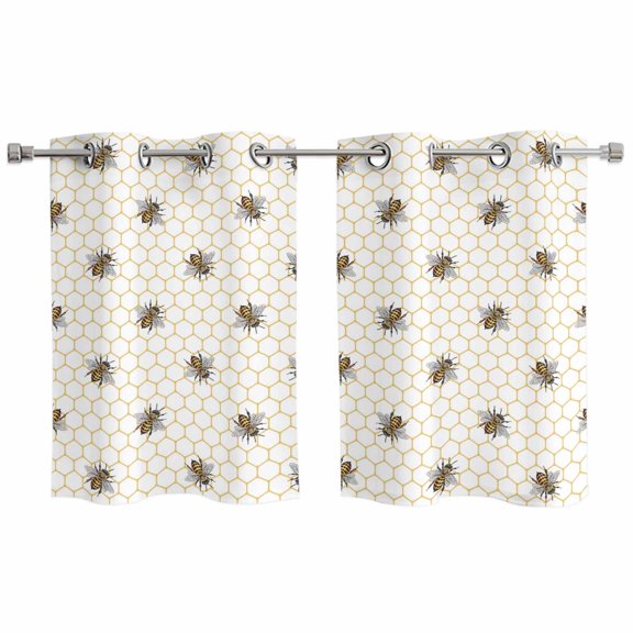 2 Panels Kitchen Tier Curtains 39 Inch Length, Yellow Bees Grommets Window Treatment Curtain, Honeybee Geometric Hive Simple Pastoral Thermal Curtains Drapes for Living Room/Bathroom