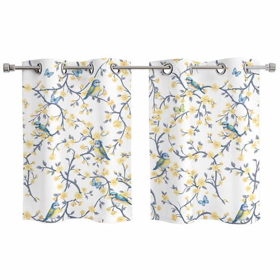 2 Panels Kitchen Tier Curtains 39 Inch Length, Yellow Spring Floral Grommets Window Treatment Curtain, Watercolor Birds Elegant Pastoral Thermal Curtains Drapes for Living Room/Bathroom