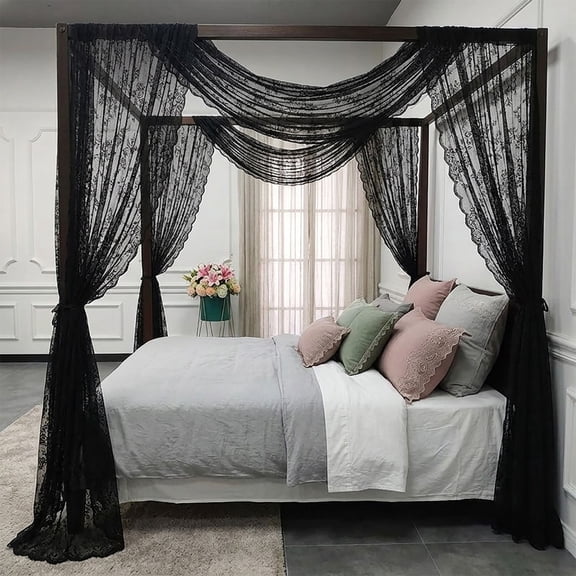 2 Panels Lace Bed Canopy,Boho Vintage Hollow Out Embroidery Sheer Bed Curtains,Canopy Bed Curtains for Bedroom Decor