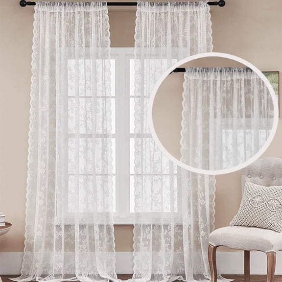 2 Panels Lace Curtains 57" x 63" - Rustic Floral Branch Leaf Pattern Lace Panel Curtains for Bedroom, Privacy Vintage Sheer Lace Curtains for Windows,White