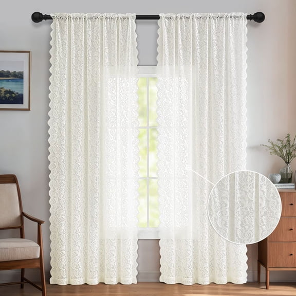 2 Panels Lace Sheer Curtain, Elegant Window Treatment Sets Vintage Floral Light Filtering Translucent Draperies for Living Room Bedroom Office