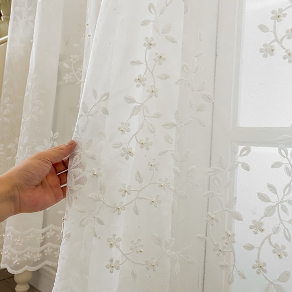 2 Panels Luxury Floral Beaded Sheer Curtains with Grommet Top, Elegant Embroidered Design for Bedroom, Living Room, Balcony & Room Divider