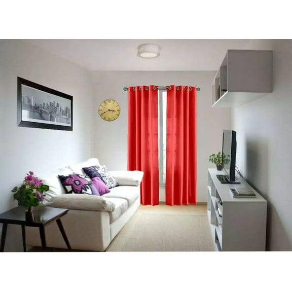 2 Panels MG Semi Transparent Silky Shiny Faux Solid Red Window Curtain 6 Grommets per panel 52inch width x 63inch length each