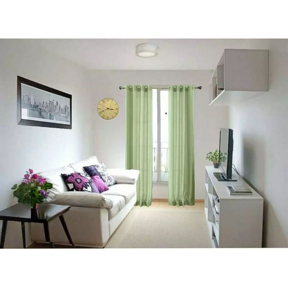 2 Panels MG Semi Transparent Silky Shiny Faux Solid Sage Green Window Curtain 6 Grommets per panel 52inch width x 63inch length each