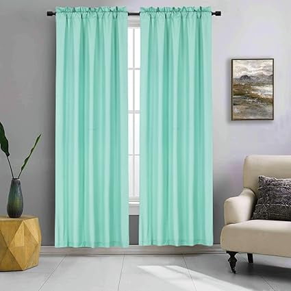 2 Panels Mint Green solid blackout rod pocket foam lined window curtain drape R64 37" width x 63" length each pc