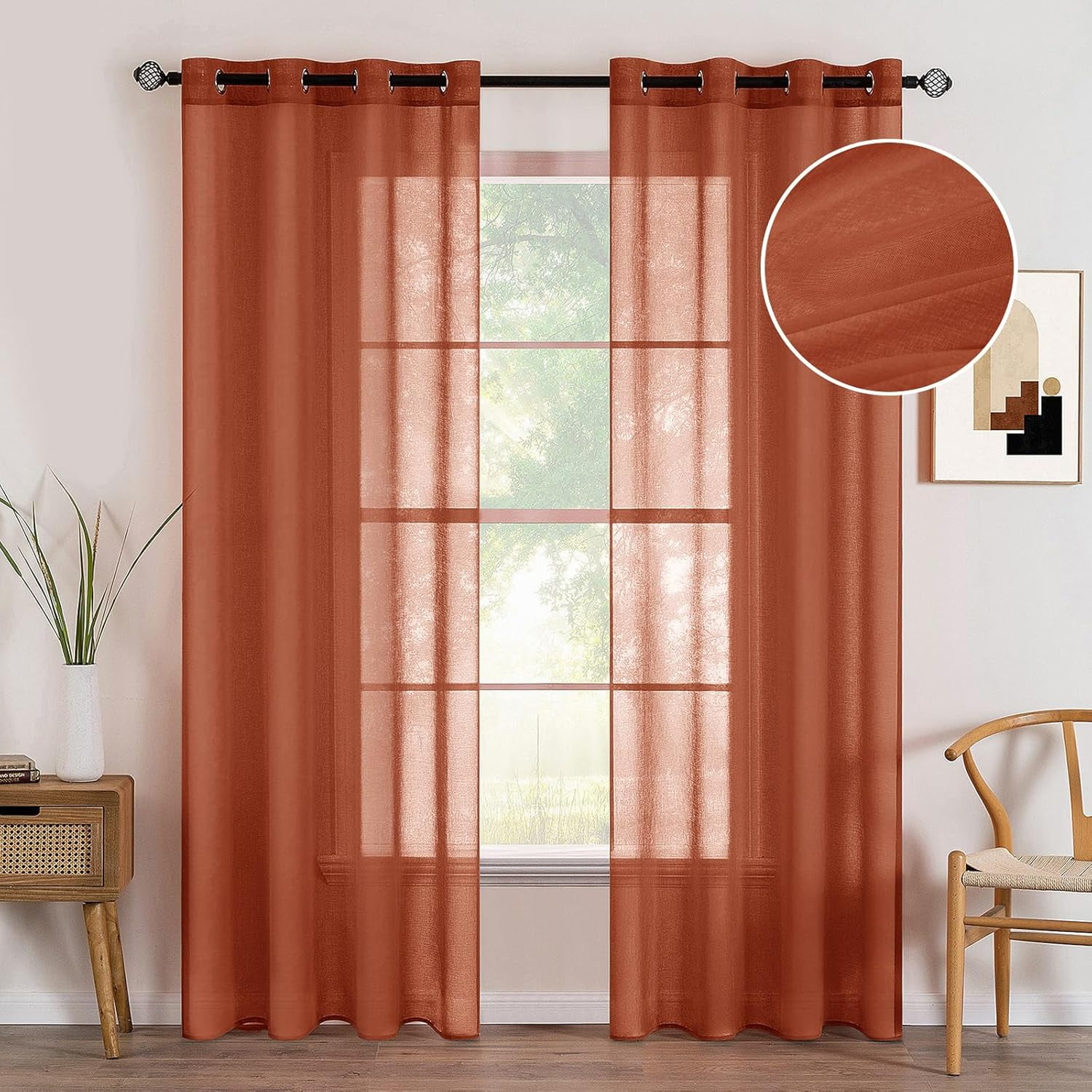 2 Panels Olive Green Semi Sheer Window Curtains Elegant Grommet Top ...