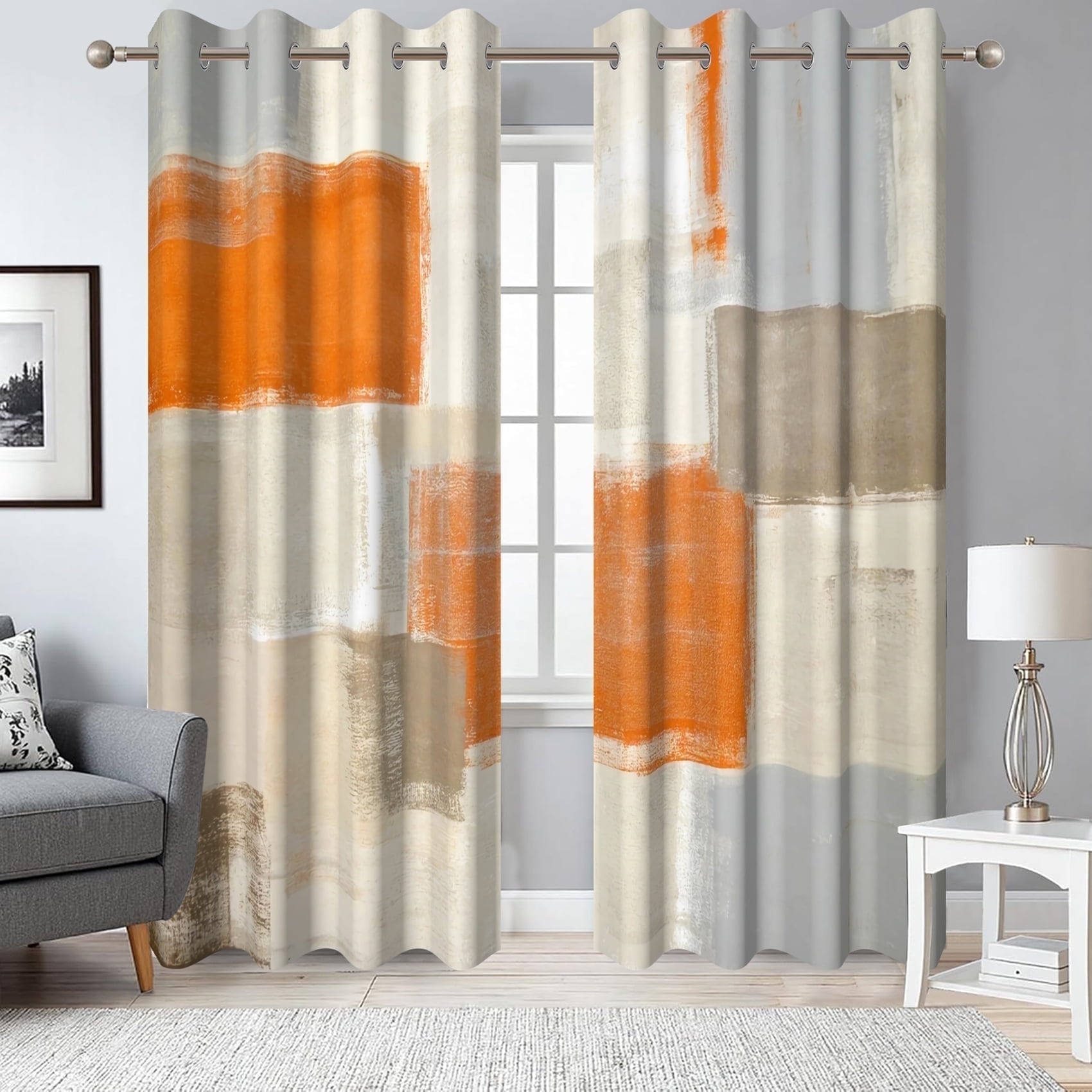 2 Panels Orange Abstract Blackout Curtain for Bedroom,Grey Geometric Grommet Curtain for Living Room,52x96 Inch