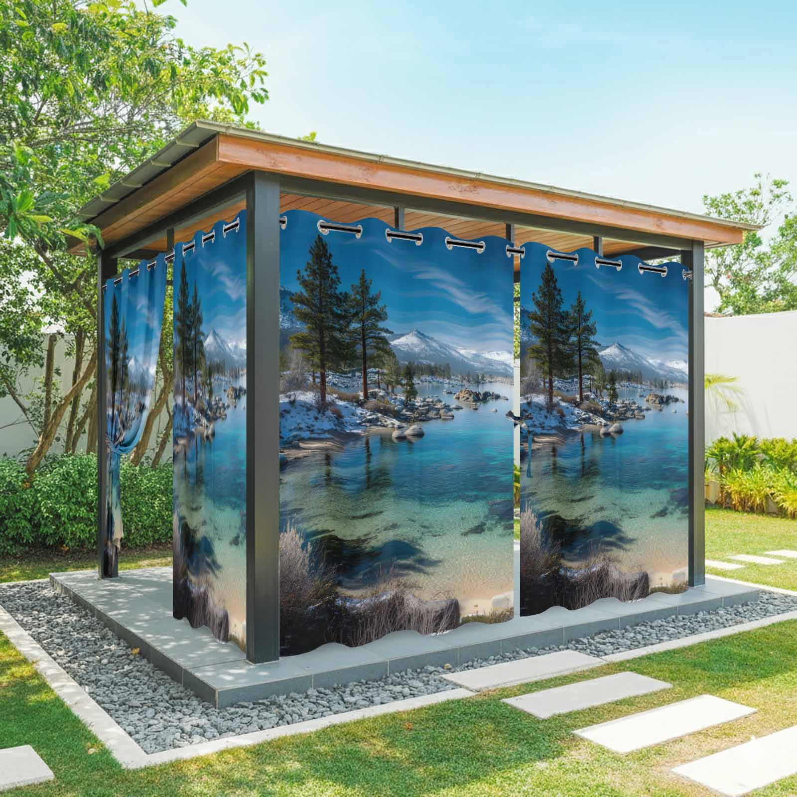 2 Panels Outdoor Curtains for Patio Waterproof 54"x108" Nature Forest Weatherproof Privacy Outsides Curtains, Blue Sky Mountain Stone Lake Landscape Grommet Thermal Drapes for Cabana Porch Pergola