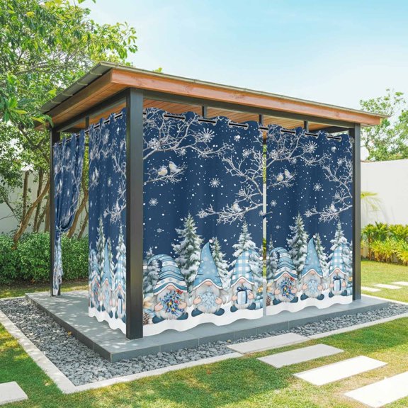 2 Panels Outdoor Curtains for Patio Waterproof 54"x108" Navy Blue Gnomes Christmas Weatherproof Privacy Outsides Curtains, Snowflake Xmas Tree Winter Branches Grommet Thermal Drapes for Cabana Porch