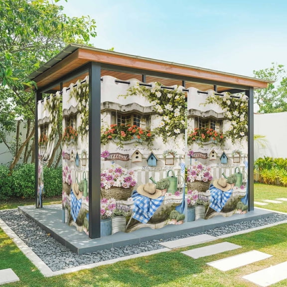 2 Panels Outdoor Curtains for Patio Waterproof 54"x108" Spring Daisy Weatherproof Privacy Outsides Curtains, Flowers Farmhouse Leaves Floral Pots Countryside Grommet Thermal Drapes for Cabana Porch