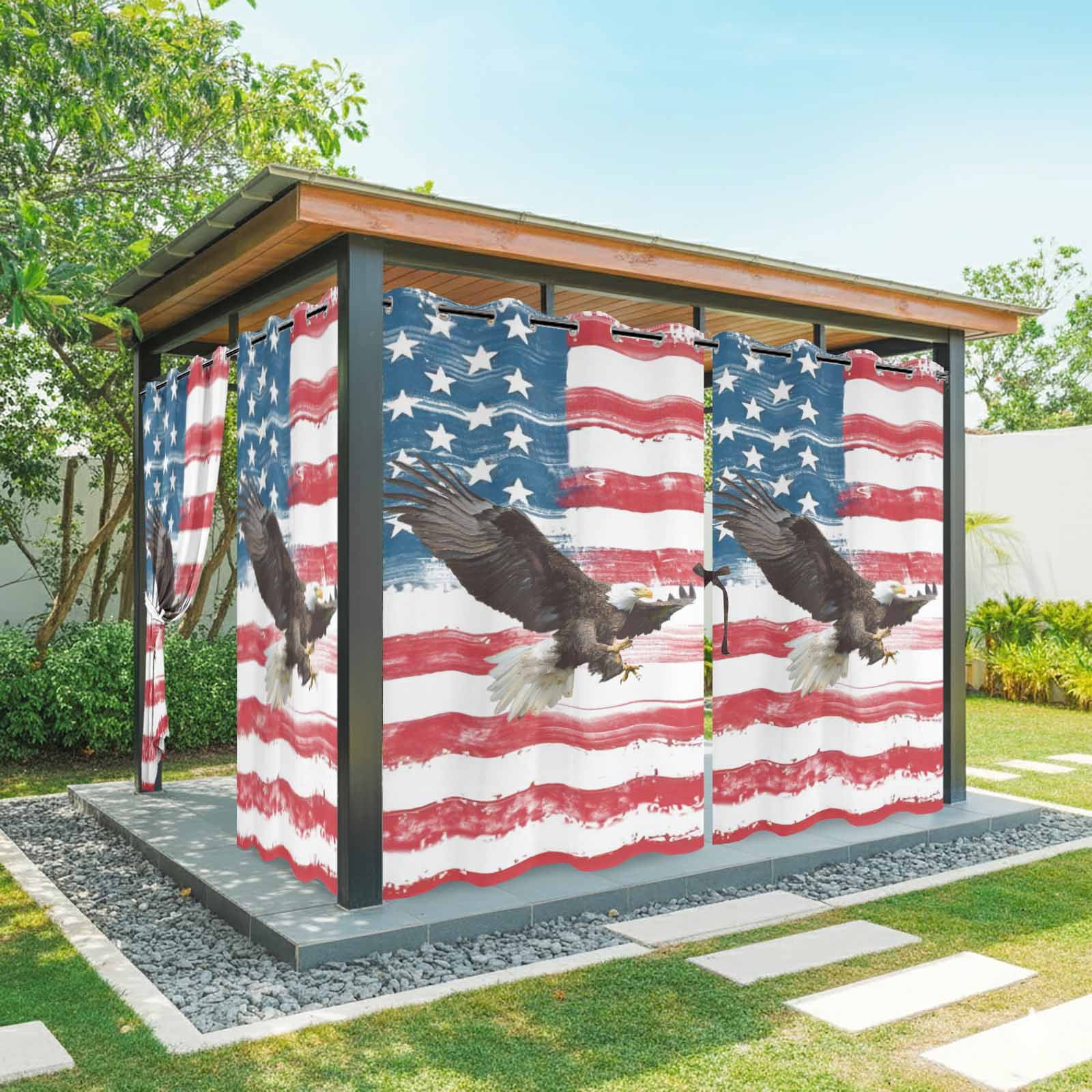 2 Panels Outdoor Curtains for Patio Waterproof 54"x84" American Flag Weatherproof Privacy Outsides Curtains, Eagle Watercolor USA Flag Grommet Thermal Drapes for Cabana Porch Pergola