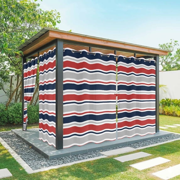 2 Panels Outdoor Curtains for Patio Waterproof 54"x84" Red Navy Blue Striped Weatherproof Privacy Outsides Curtains, Farmhouse Stripes Modern Abstract Art Grommet Thermal Drapes for Cabana Porch
