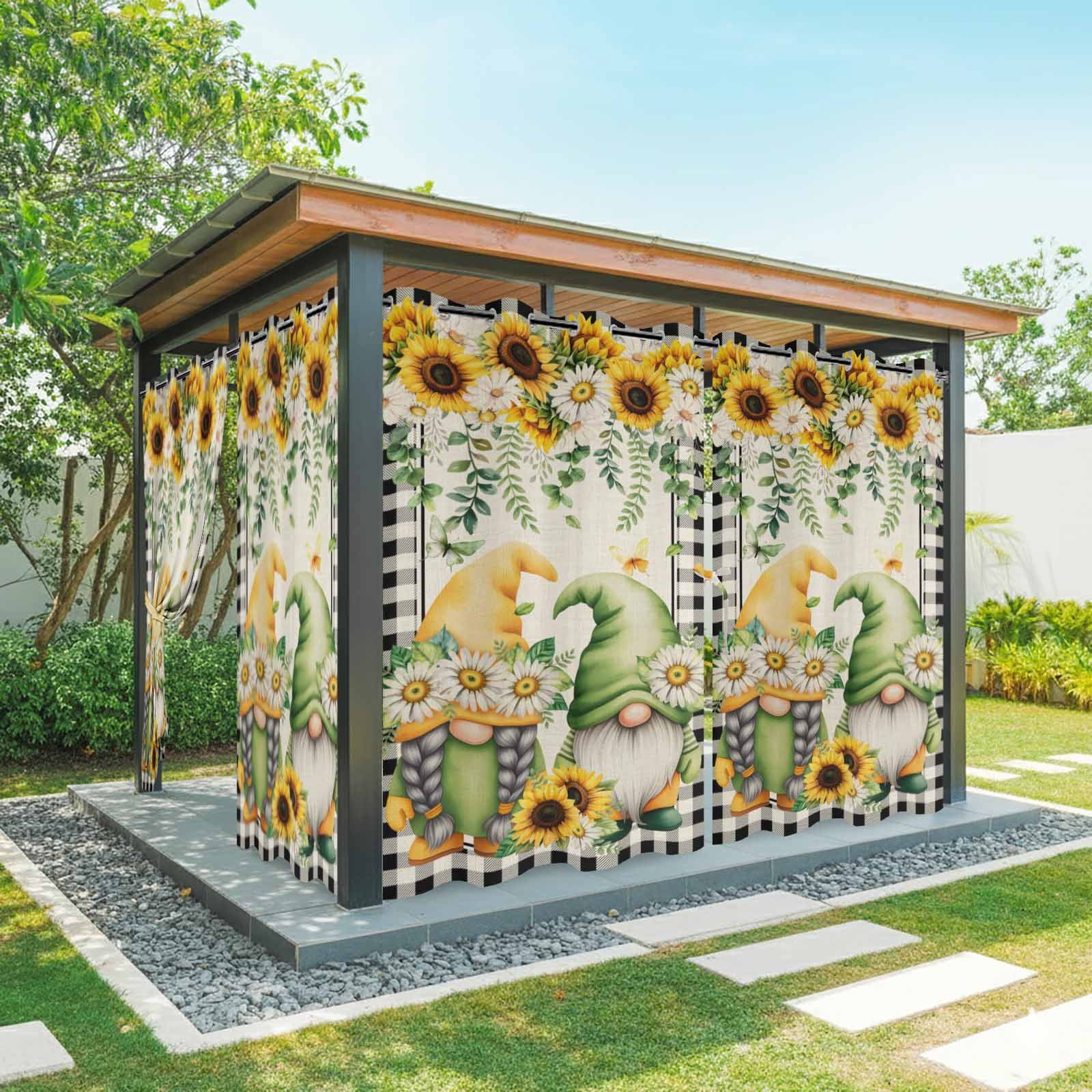 2 Panels Outdoor Curtains for Patio Waterproof 54"x84" Sunflower Gnomes Weatherproof Privacy Outsides Curtains, Spring Farmhouse Vintage Daisy Floral Leaf Grommet Thermal Drapes for Cabana Porch
