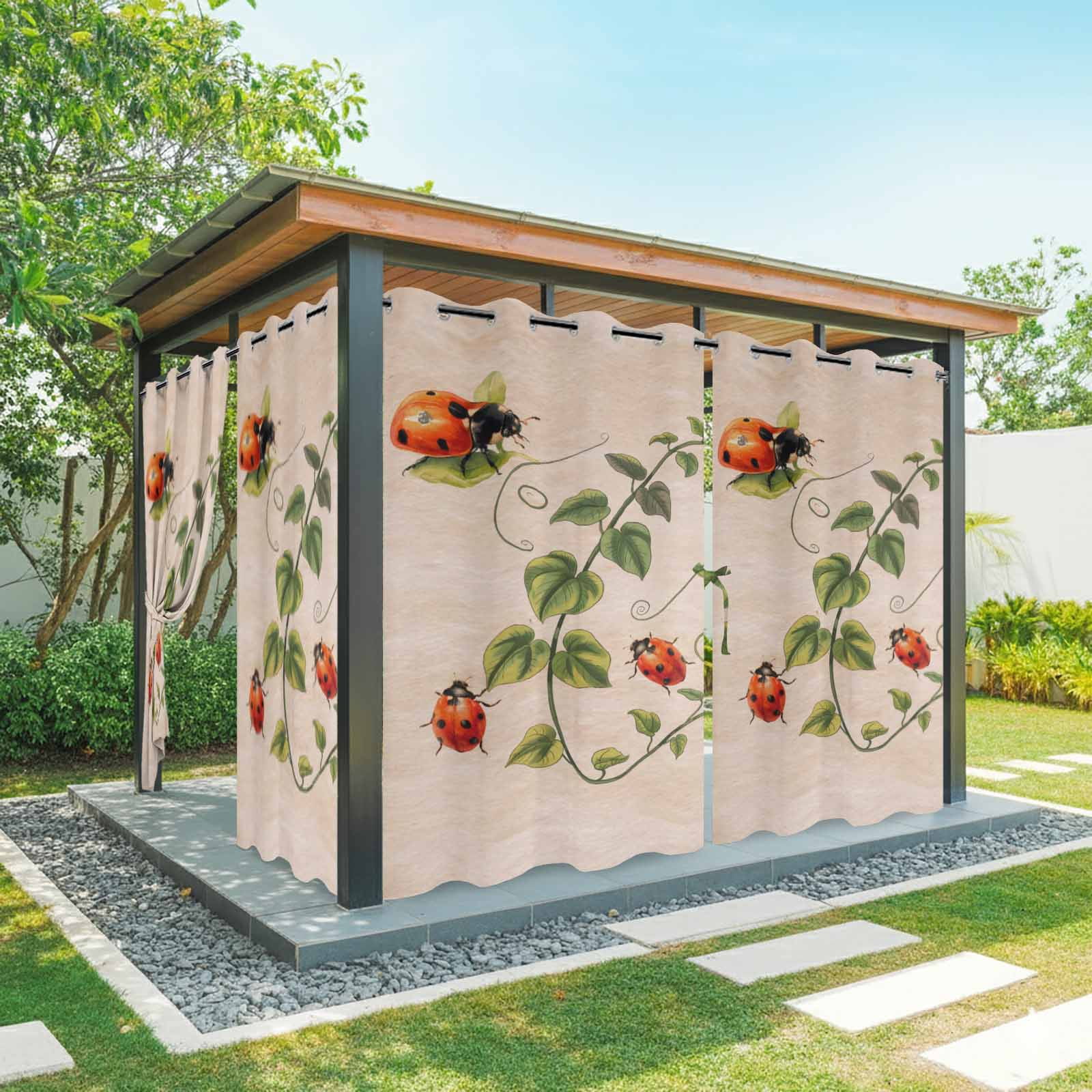 2 Panels Outdoor Curtains for Patio Waterproof 54"x95" Ladybugs Eucalyptus Weatherproof Privacy Outsides Curtains, Spring Botanical Leaves Retro Grommet Thermal Drapes for Cabana Porch Pergola