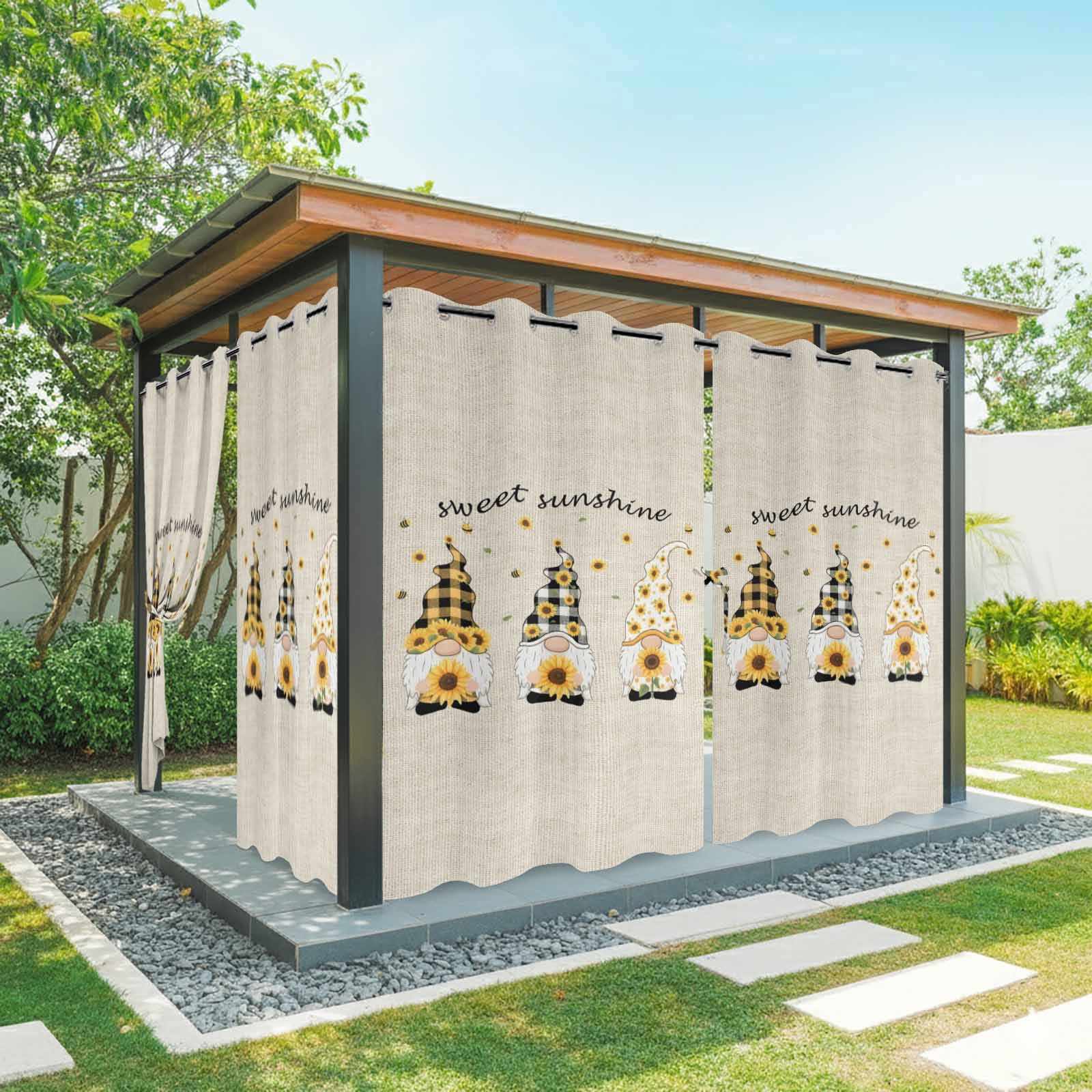 2 Panels Outdoor Curtains for Patio Waterproof 54"x95" Vintage Gnomes Weatherproof Privacy Outsides Curtains, Sunflowers Summer Botanical Retro Art Rustic Grommet Thermal Drapes for Cabana Porch