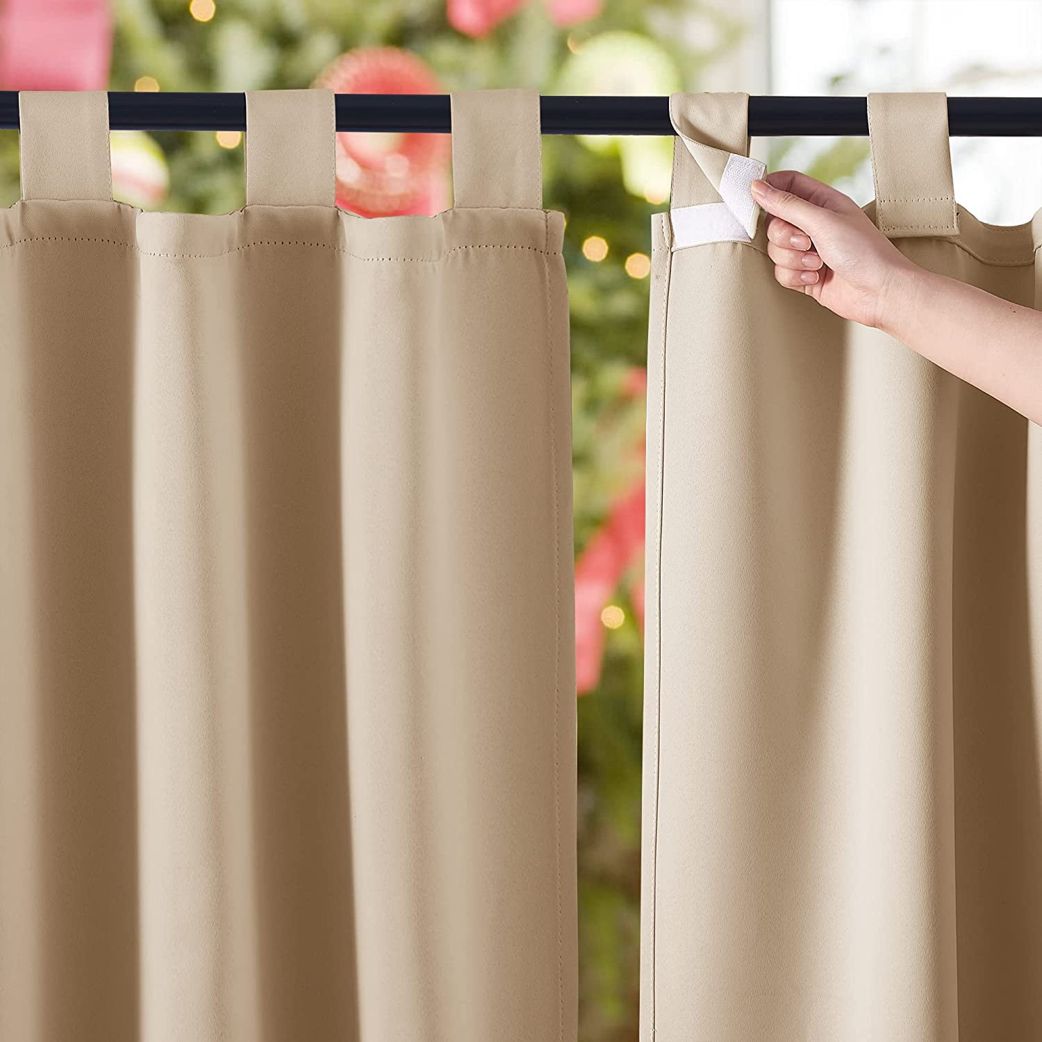 2 Panels Outdoor Curtains for Patio Waterproof 84" Long, Detachable Sticky Tab Top Thermal Insulated Privacy Sun Blocking & UV Protection Drapes for Porch/Pergola, Biscotti Beige, W52 x L84