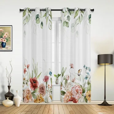 2 Panels Peonies Roses Flower White Curtains for Bedroom Living Room Drapes Kitchen Children's Room Window Curtain Modern Home Decor