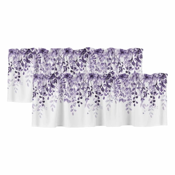 2 Panels Purple Valance for Windows, Eucalyptus Leaves Light Filtering Kitchen Curtains, Rod Pocket Window Treatment Curtain Valances for Living Room Bedroom, 60"x18"