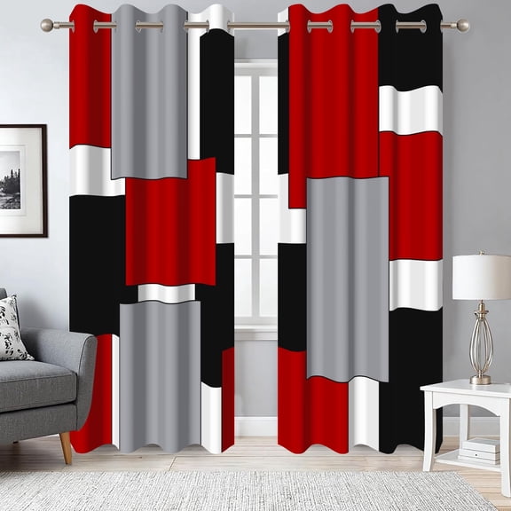 2 Panels Red Black Gray Blackout Curtains for Bedroom,Modern Abstract Grommet Window Drapes for Living Room,52x84 Inch