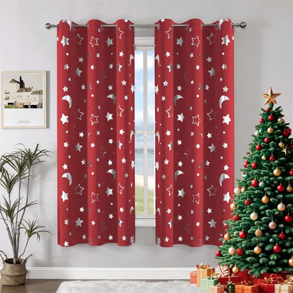 2 Panels Red Silver Star and Moon Room Darkening Curtains Classic Cute Printed Light Filtering Grommet Top Thermal Insulated Drapes for Bedroom