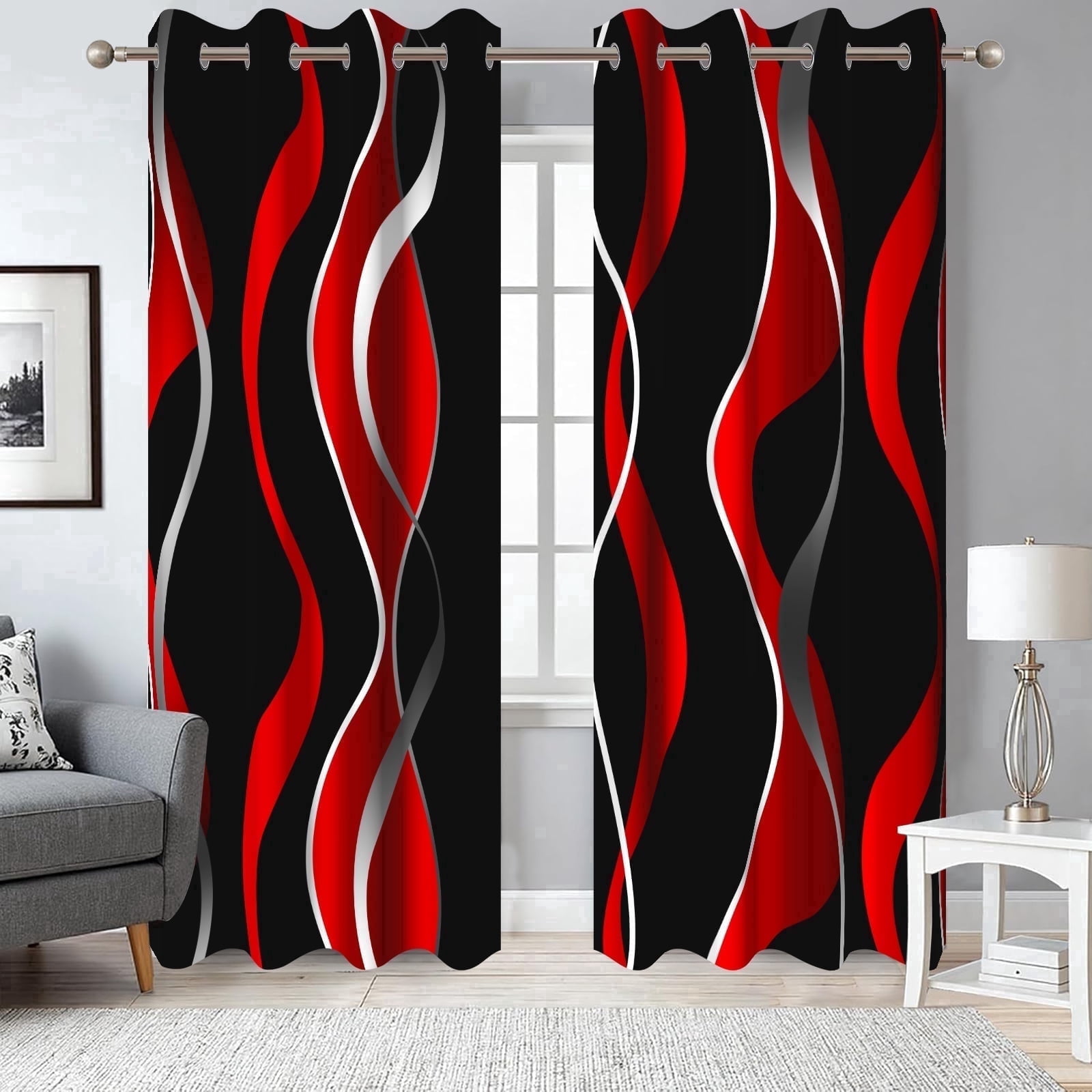 2 Panels Red and Black Blackout Curtain for Bedroom,Modern Striped Grommet Window Drapes for Living Room,52x84 Inch