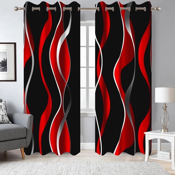 2 Panels Red and Black Blackout Curtain for Bedroom,Modern Striped Grommet Window Drapes for Living Room,52x84 Inch