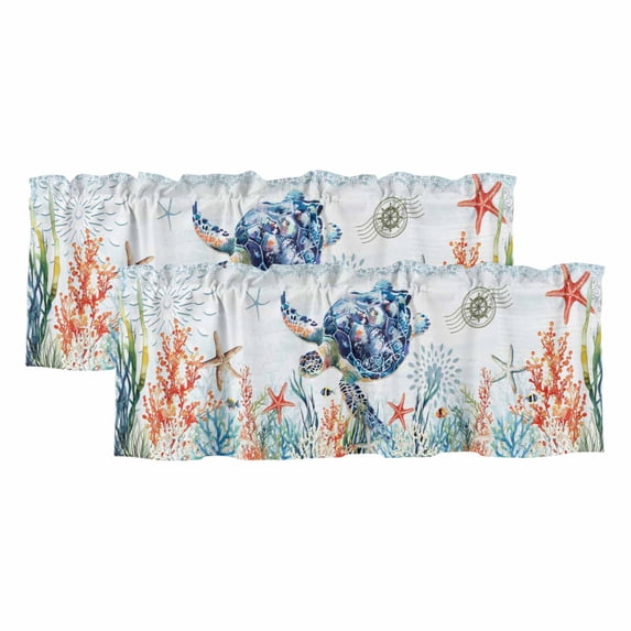 2 Panels Sea Turtle Coastal Valance for Windows, Summer Beach Coral Ocean Nautical Light Filtering Kitchen Curtains, Rod Pocket Window Treatment Curtain Valances for Living Room Bedroom, 42"x18"