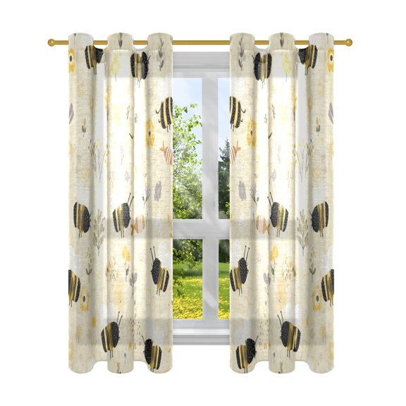 2 Panels Set Blackout Curtains Thermal Insulated Sun Protection Room Darkening Drapes for Bedroom Cute Bees and Honeycomb Pattern
