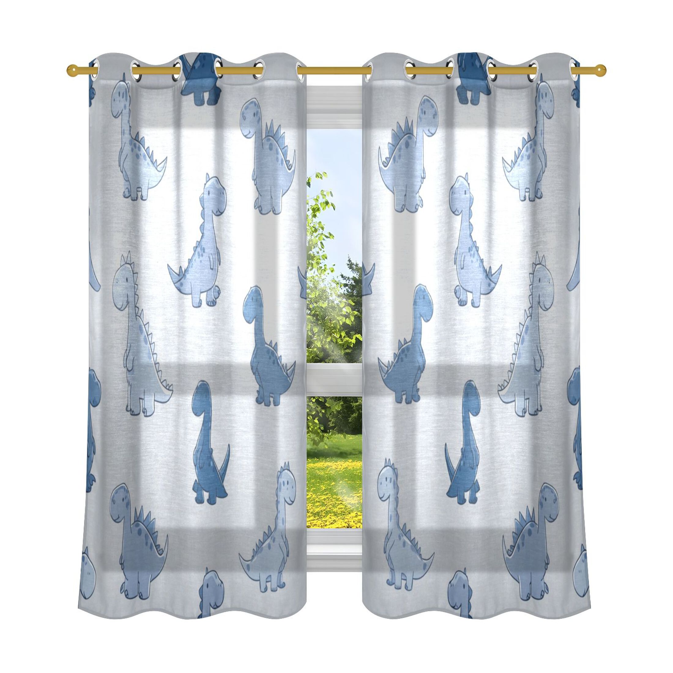2 Panels Set Blackout Curtains Thermal Insulated Sun Protection Room Darkening Drapes for Bedroom Cute Blue Dinosaurs